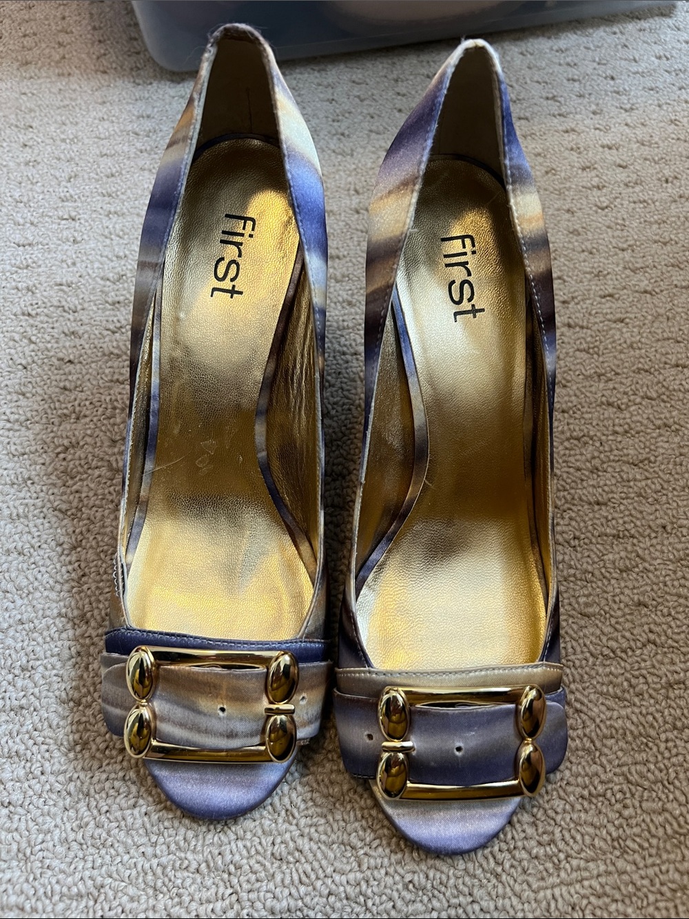 First Purple and Gold Satin Peep-Toe Heels with Gold Buckle